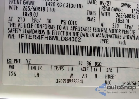 2021 Ford Ranger Xlt z USA, uszkodzony, nr VIN 1FTER4FH8MLD84002